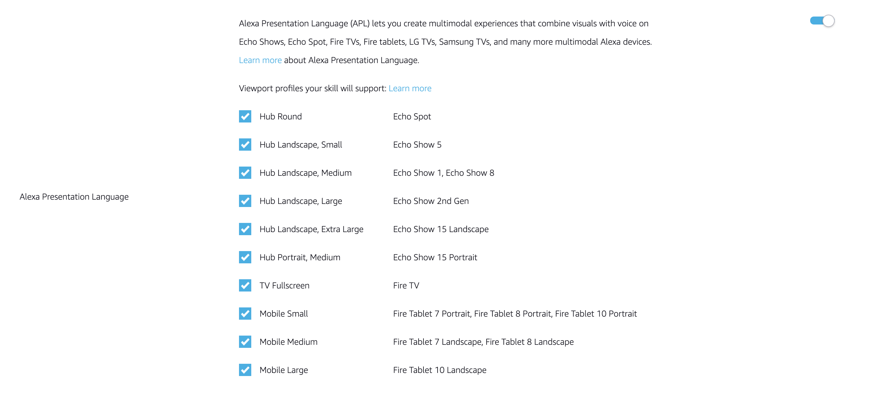 Screenshot from the Alexa Developer Console showing the new Echo Show 15 viewports.