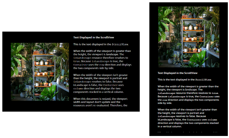 Screenshots showing a portrait and landscape-optimized view of two pieces of content.