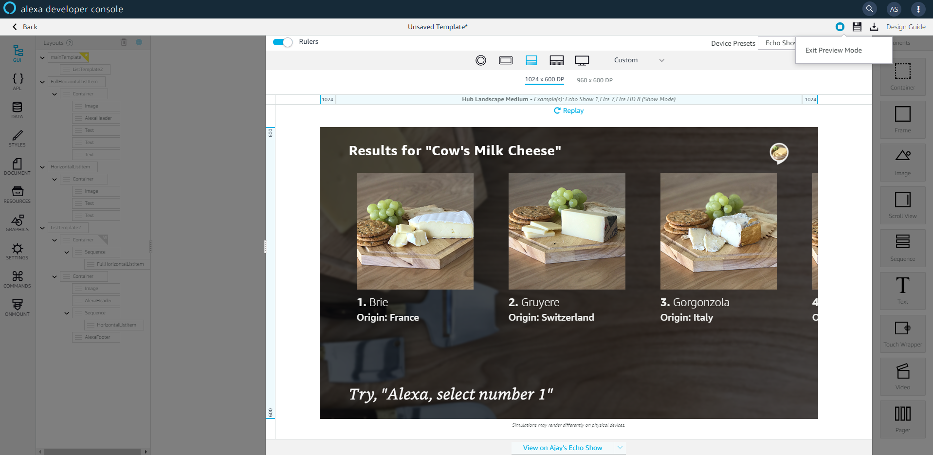 Screenshot of APL authoring tool in preview mode