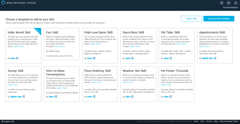 Alexa Hosted Skills Templates