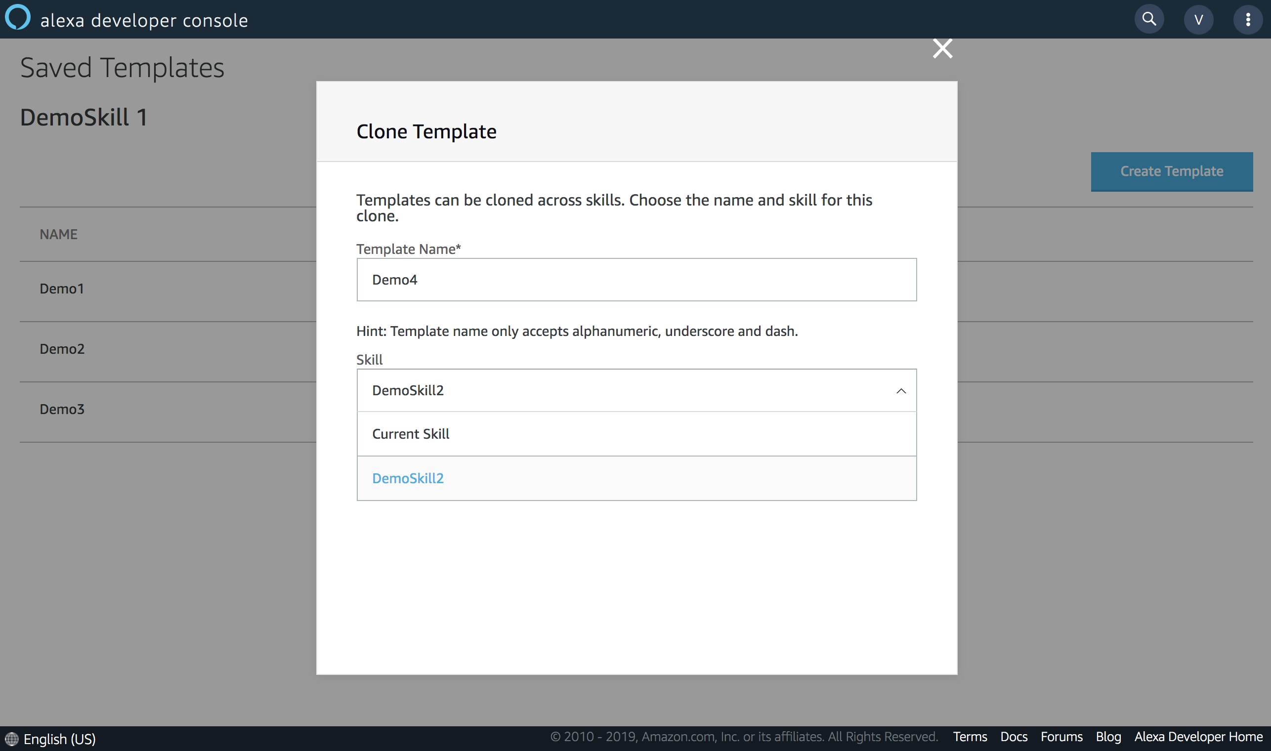 Screenshot of new APL Authoring Tool's template name pop up after you click "Clone"