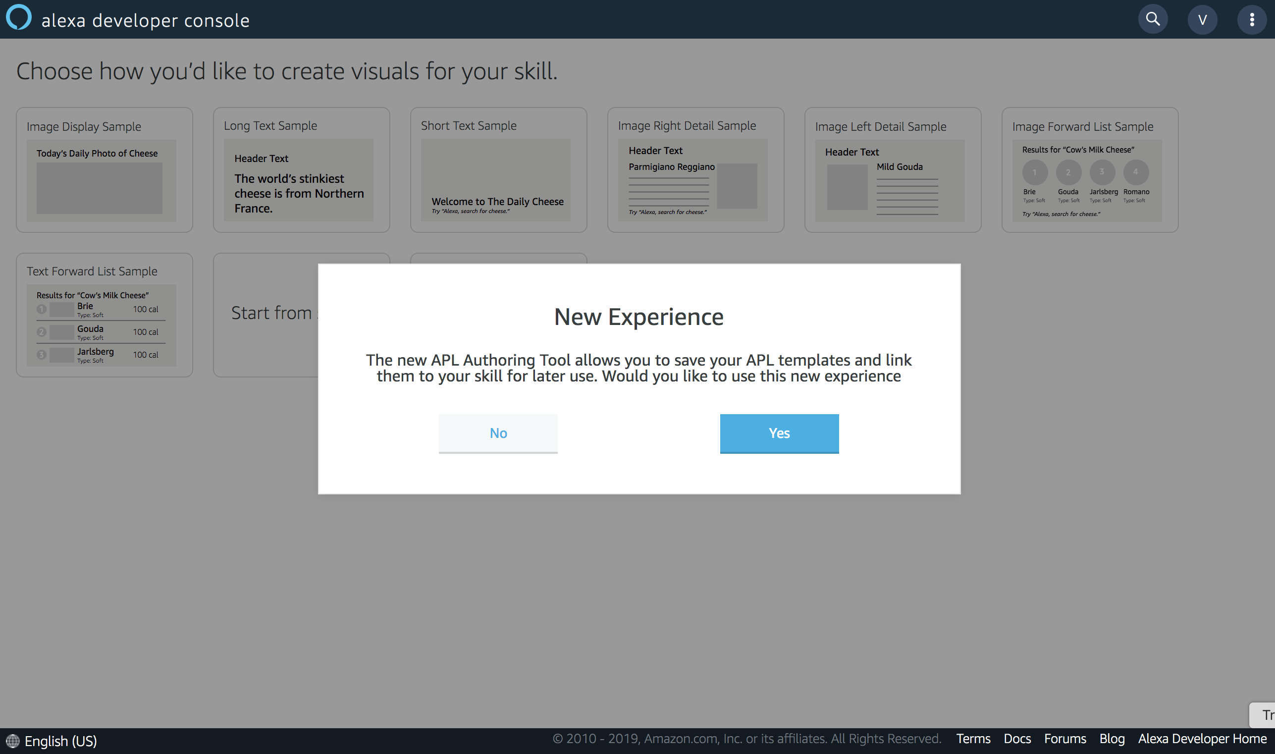 Screenshot of the new APL Authoring Tool experience that allows you to save your APL templates and link them to your skill for later use.