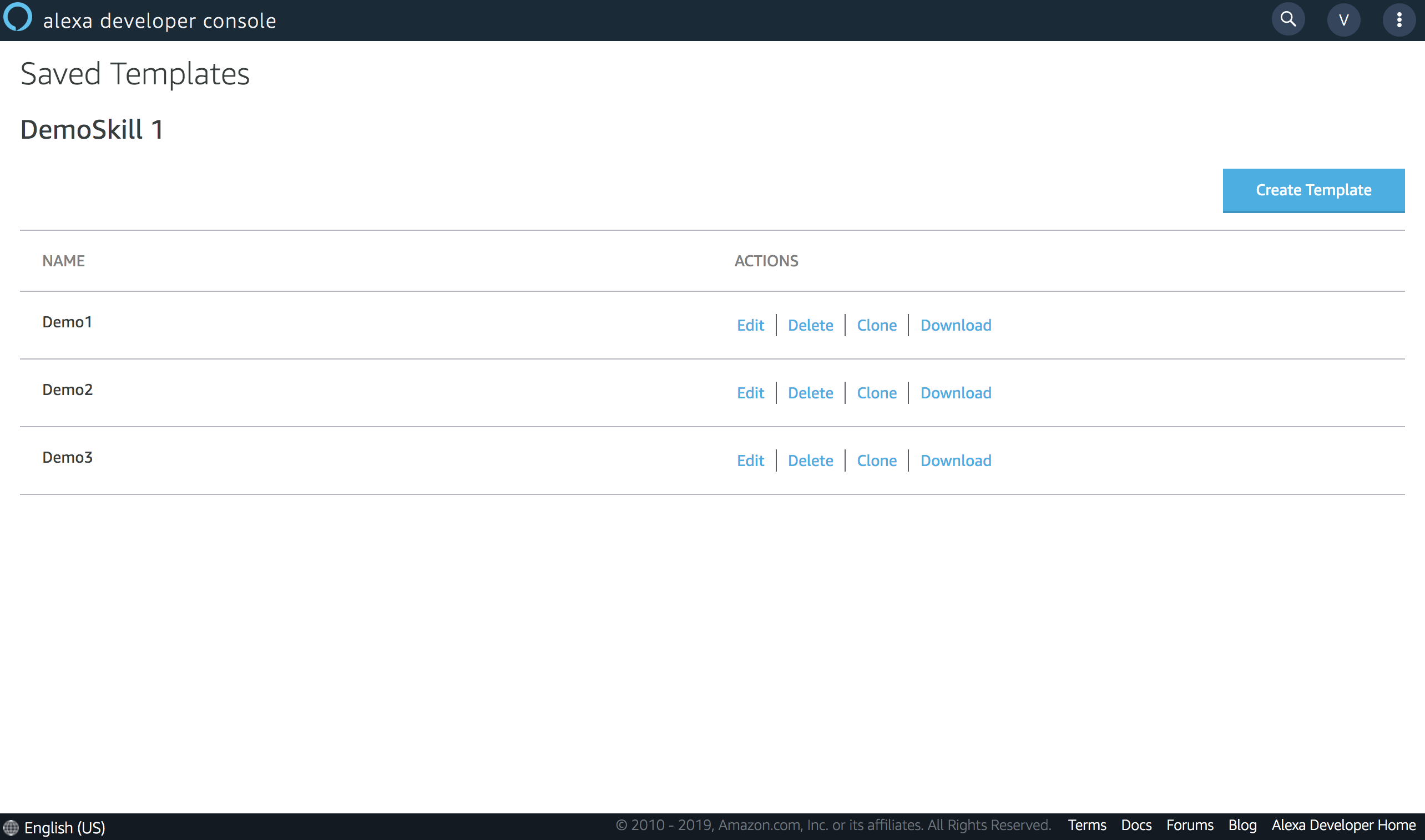 Screenshot of new APL Authoring Tool's saved templates page within a single skill