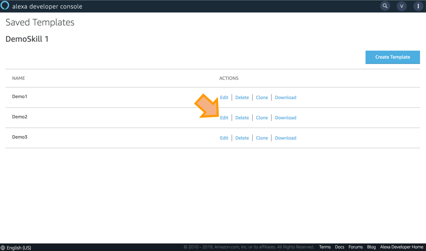 Screenshot of new APL Authoring Tool's saved templates page with an orange arrow pointing to "Edit"