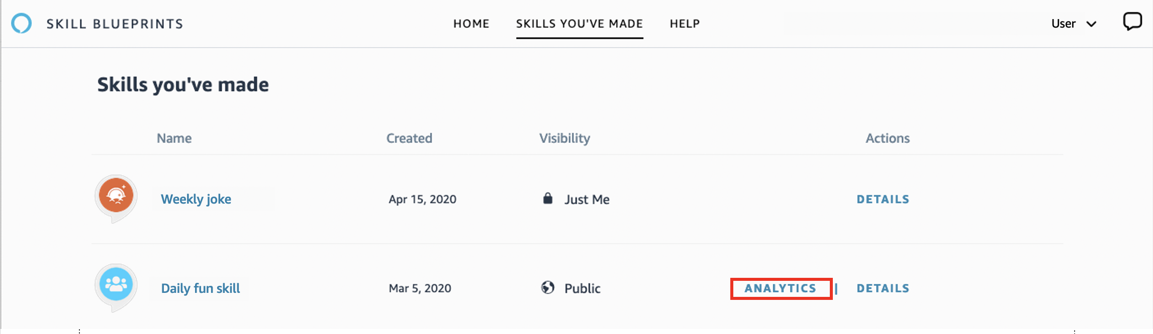 Each of your skills has a metrics dashboard. To see it, sign in to the Blueprints portal, then go to “Skills You’ve Made”. You’ll see all of your skills on this page. To the right of each skill, you’ll see an option to launch the analytics dashboard. Choose one to explore the data and uncover insights. You can also choose to click “Details” instead to go to the Skill Page, where you will find “Stats Summary” with unique customers, utterances and sessions for your skill over the last 7 days. You can toggle between the Skill Page and Analytics by toggling using the navigation bar at the top of the page.