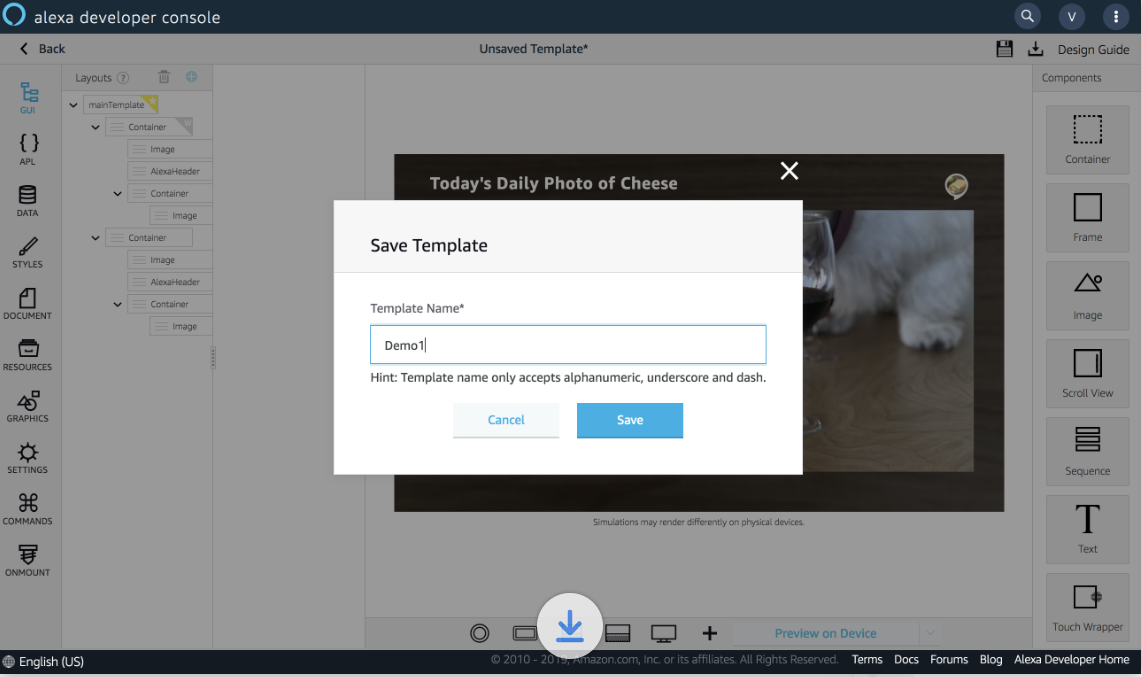 Screenshot of new APL Authoring Tool's template name pop up after you click Save Template