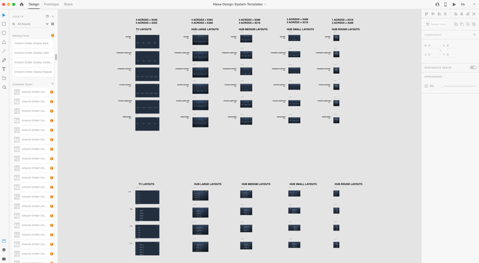 An example of the available templates in Adobe XD using the Alexa Design System Library. The images are renderings of device sizes from biggest to smallest. 