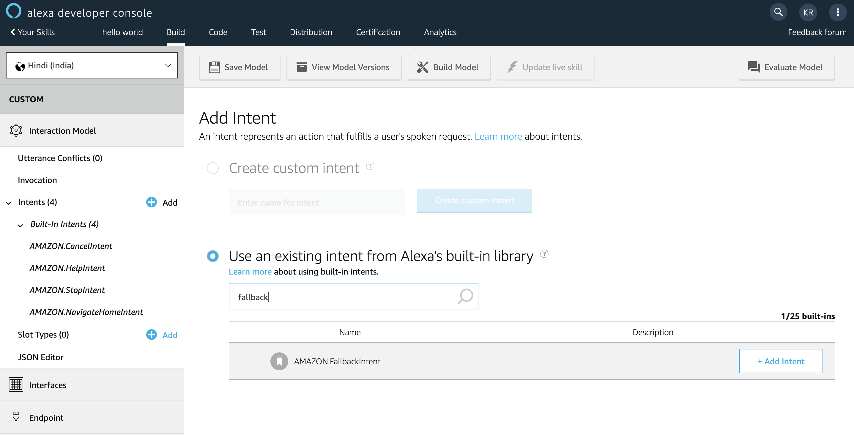 Add Fallback Intent via Developer Portal