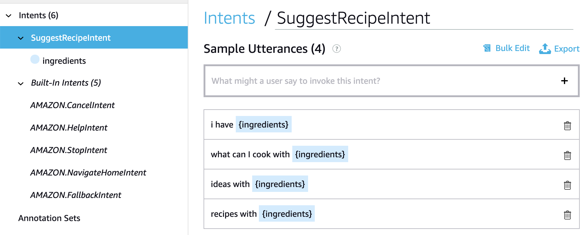 Intent with utterances that support Multi-Value slot