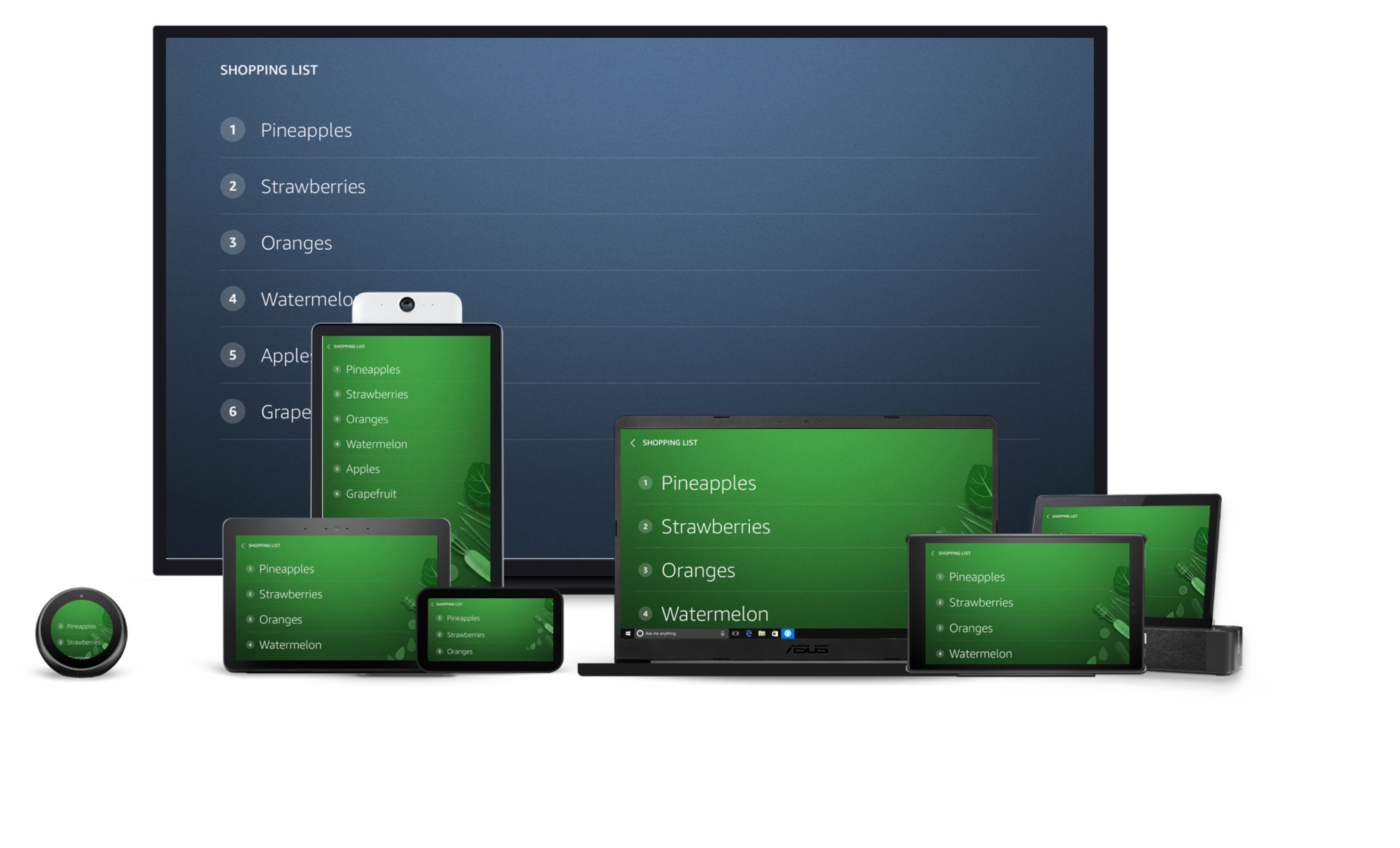 An image showing a text list of grocery items with a gray or green background across a large variety of Alexa enabled devices. 