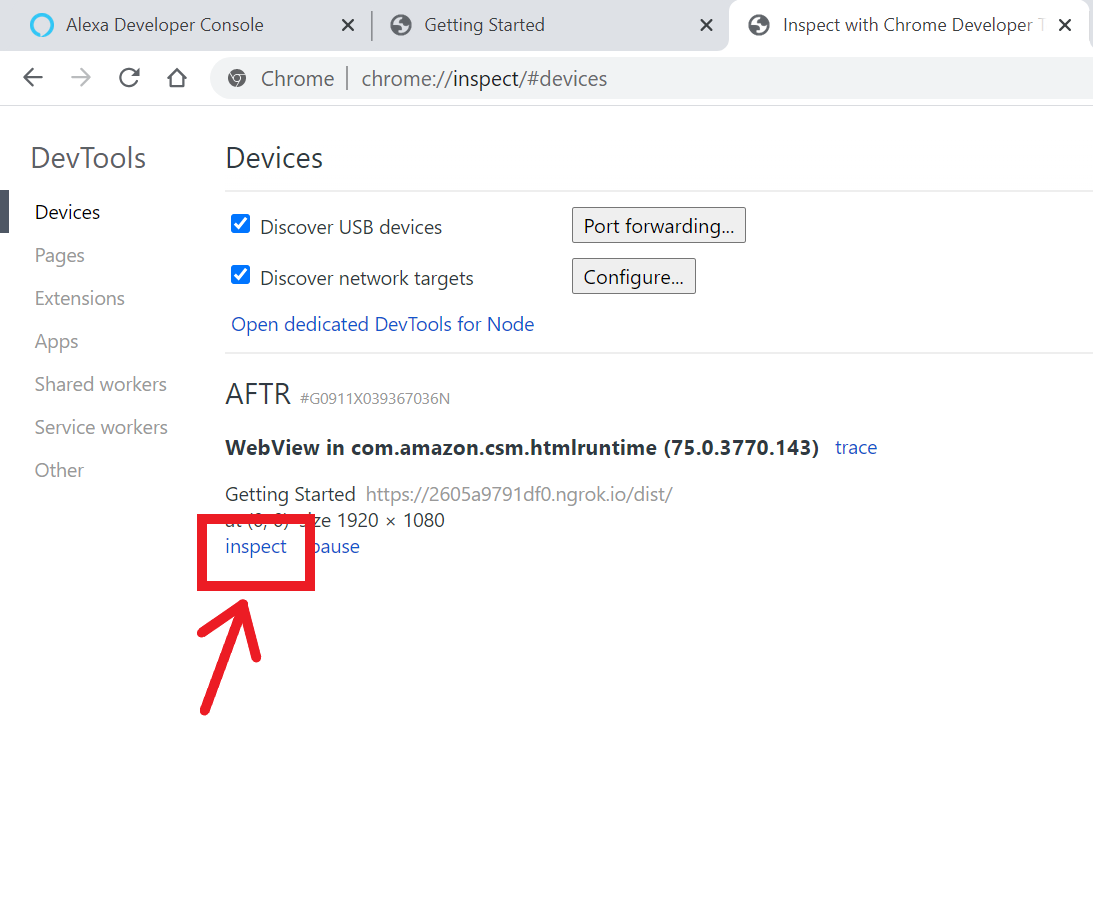 Image of the chrome://inspect window with a box drawn around the inspect link.