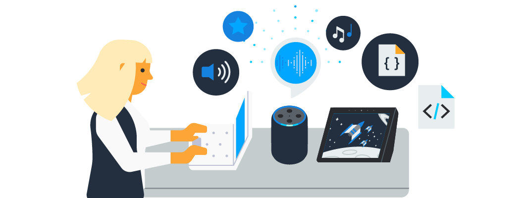 Developer surrounded by Alexa Buid-in devices, typing on her computer, developing for voice