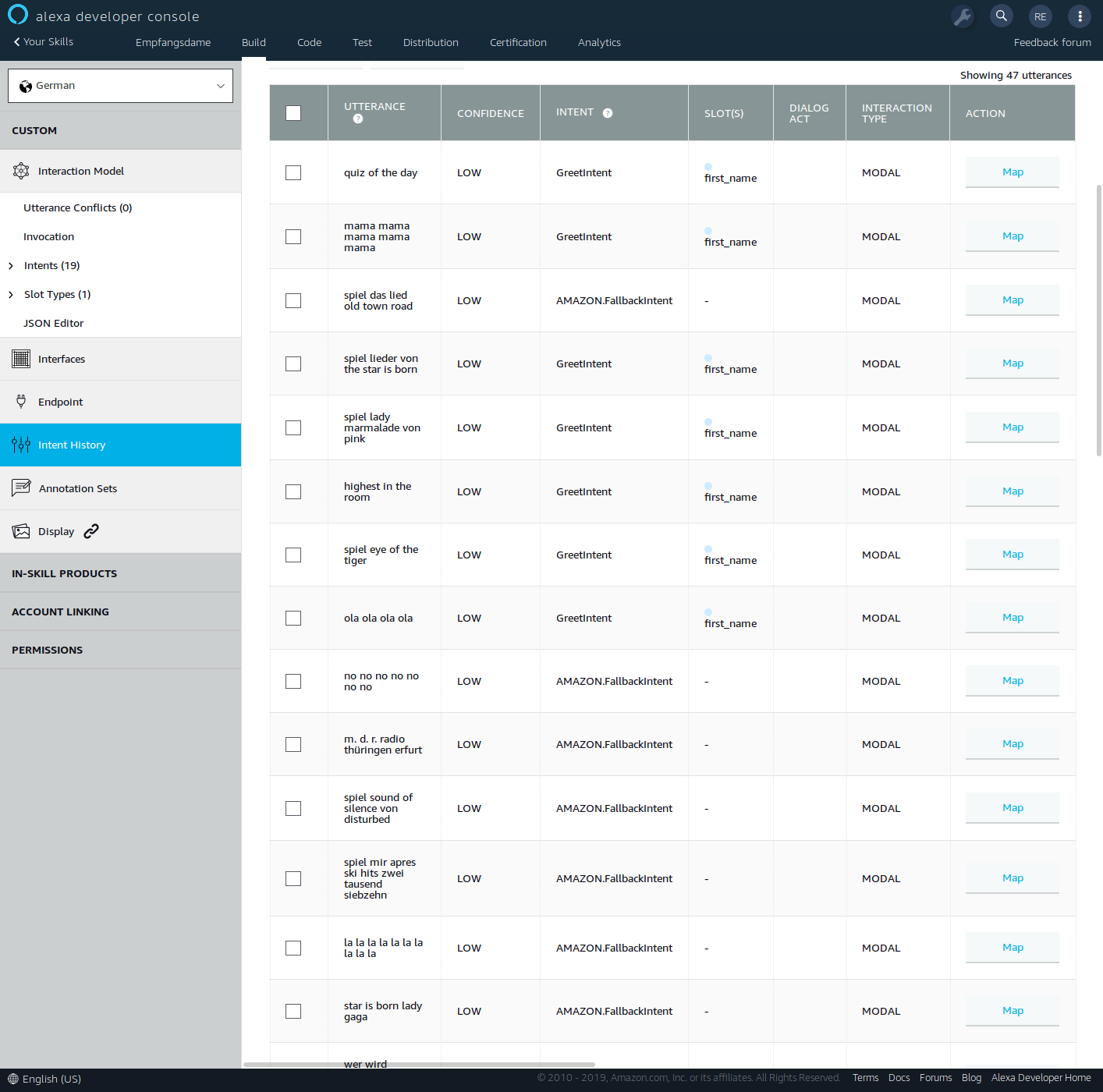 Alexa developer console utterances