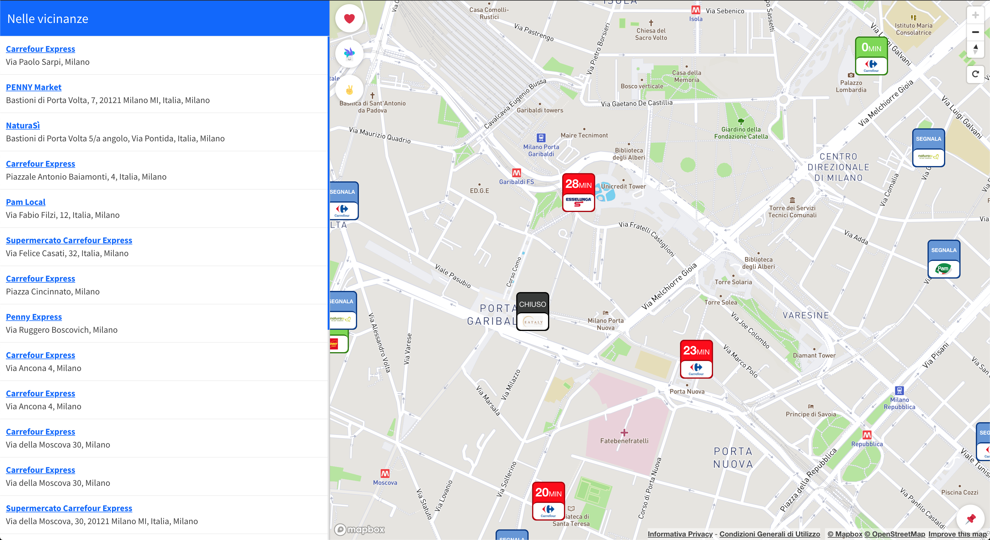 Map of supermarkets in Milan