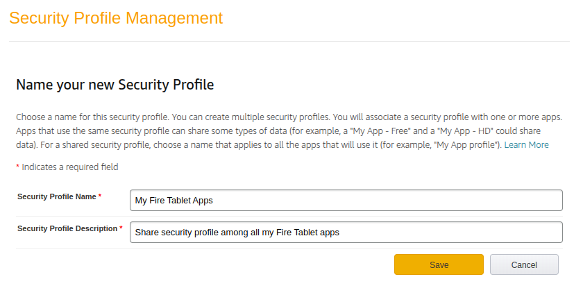 Amazon developer security profiles menu image