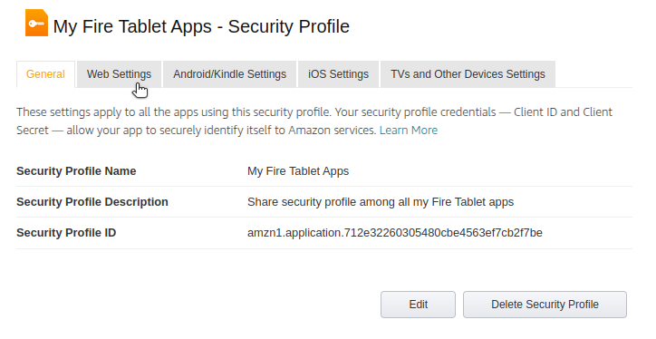 Amazon developer security profiles menu image