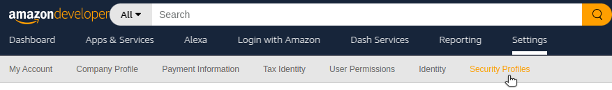 Amazon developer security profiles menu image