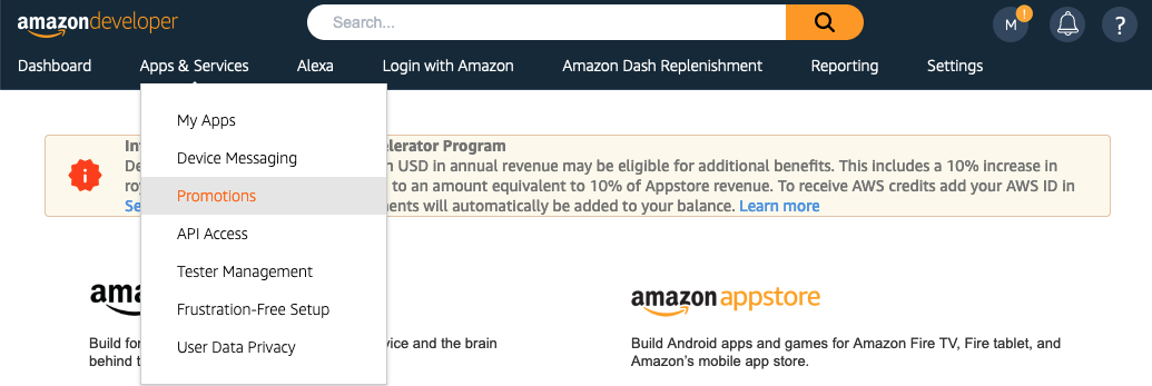 Promotions tab on the Amazon Developer Portal