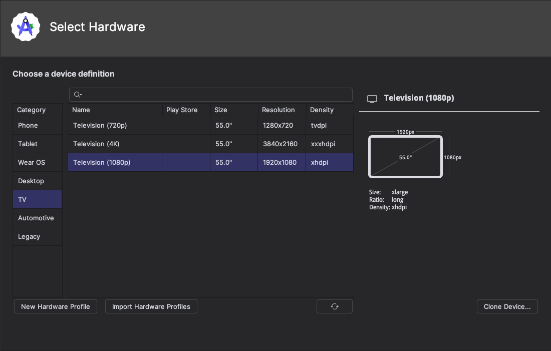 Android Studio emulator for TV